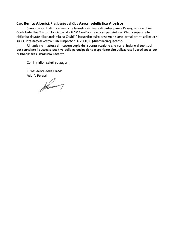 Lettera del Presidente di FIAM® per l'assegnazione del contributo una tantum